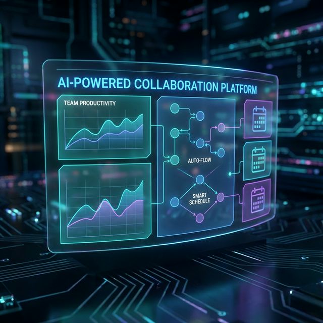 Advanced productivity analytics dashboard on multiple screens, colorful data charts and graphs, dark themed UI, modern tech office environment, no people, photorealistic